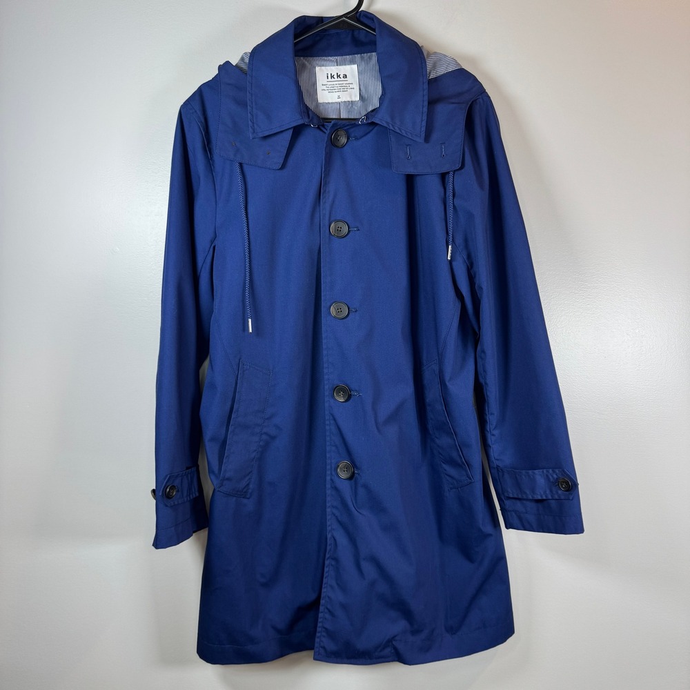 kka Mens Medium Royal‎ Blue Hooded Trench Coat Pinstripe Lined Modern Academia